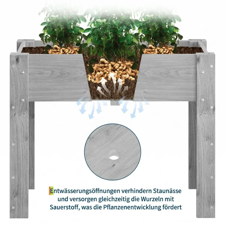 Garvee Hochbeet Holz, Blumenbett, Kräuterbeet, Frühbeet, mit Pflanzfolie, Abflusslöchern und seitlichen Haken, erhöhter Pflanzkasten-Ständer, für Garten, Terrasse, Balkon, Grau, 86×46×76 cm – Bild 3