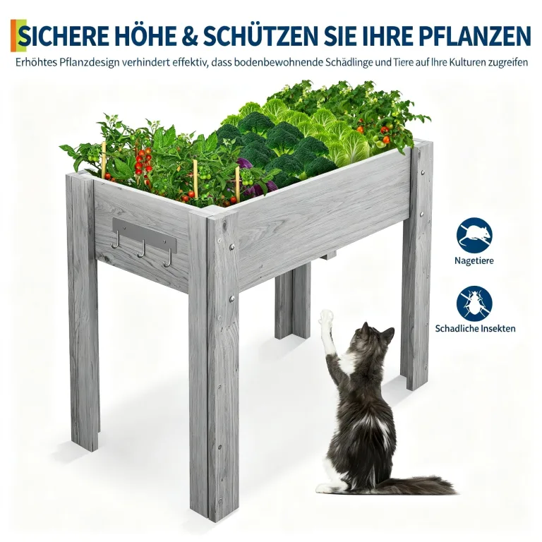 Garvee Hochbeet Holz, Blumenbett, Kräuterbeet, Frühbeet, mit Pflanzfolie, Abflusslöchern und seitlichen Haken, erhöhter Pflanzkasten-Ständer, für Garten, Terrasse, Balkon, Grau, 86×46×76 cm – Bild 6