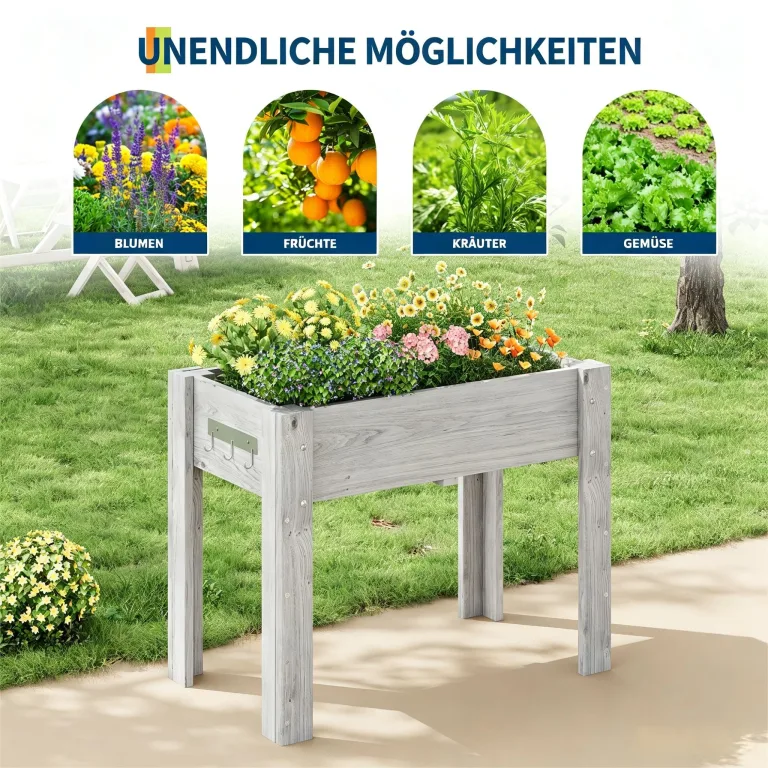 Garvee Hochbeet Holz, Blumenbett, Kräuterbeet, Frühbeet, mit Pflanzfolie, Abflusslöchern und seitlichen Haken, erhöhter Pflanzkasten-Ständer, für Garten, Terrasse, Balkon, Grau, 86×46×76 cm – Bild 7