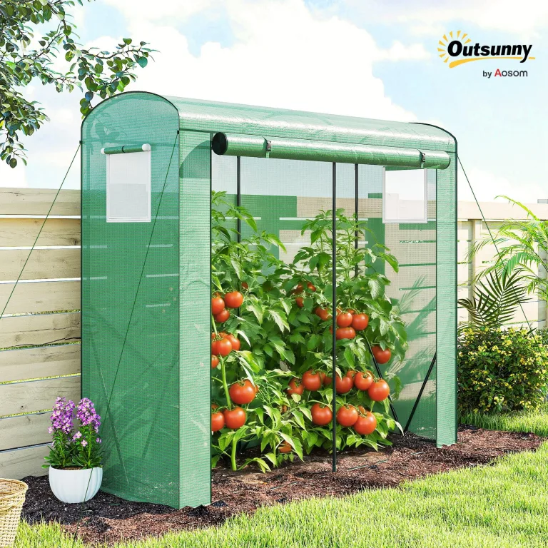 Outsunny Gewächshaus mit Netzfenstern und aufrollbarer Tür, Foliengewächshaus aus Stahl 200 x 75 x 188 cm, Tomatenhaus Tomatengewächshaus für Gemüse, Tomaten, Blumen, Pflanzen, Grün – Bild 2