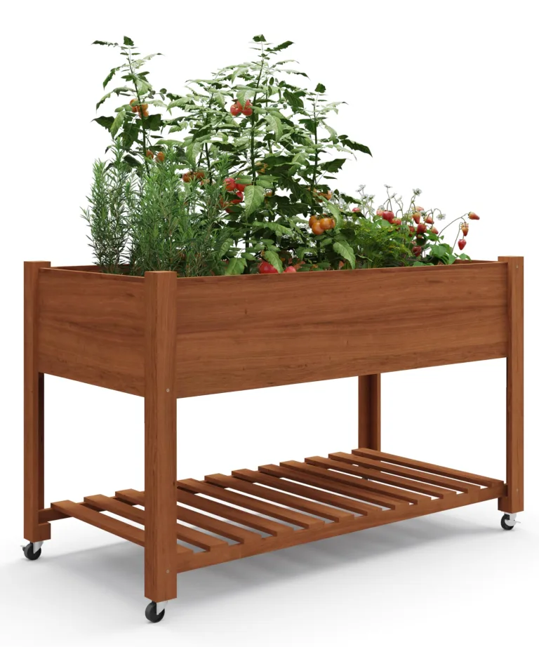 Garvee Hochbeet aus Holz, mit Rollen und Ablageboden, Pflanzkasten, Pflanztrog, Blumenkübel, Kräuterbeet, für Garten, Balkon und Terrasse, 122×61×76 cm, braun – Bild 1