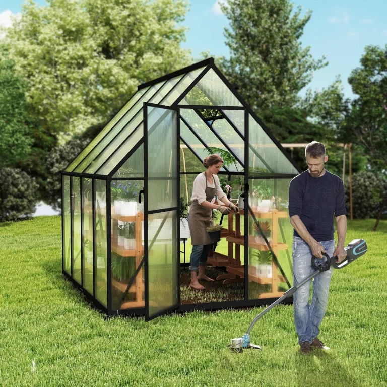 LZQ Gewächshaus Aluminium mit Fundament 230x180x195cm Gartengewächshaus Treibhaus 4mm PC-Hohlkammerplatten Tomatenhaus mit Schiebetür Dachfenster Pflanzenhaus Wetterfest für Aufzucht Gemüse, 6x8 ft – Bild 2