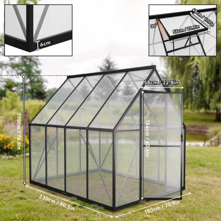 LZQ Gewächshaus Aluminium mit Fundament 230x180x195cm Gartengewächshaus Treibhaus 4mm PC-Hohlkammerplatten Tomatenhaus mit Schiebetür Dachfenster Pflanzenhaus Wetterfest für Aufzucht Gemüse, 6x8 ft – Bild 3