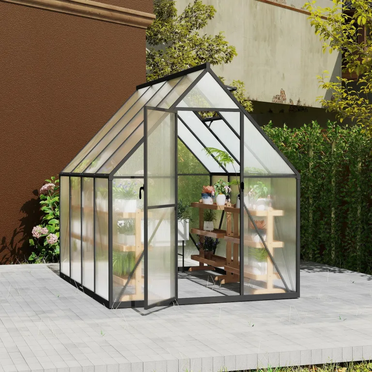 LZQ Gewächshaus Aluminium mit Fundament 230x180x195cm Gartengewächshaus Treibhaus 4mm PC-Hohlkammerplatten Tomatenhaus mit Schiebetür Dachfenster Pflanzenhaus Wetterfest für Aufzucht Gemüse, 6x8 ft – Bild 9