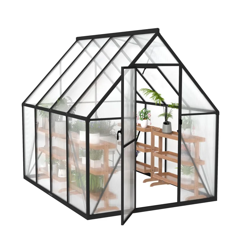 LZQ Gewächshaus Aluminium mit Fundament 230x180x195cm Gartengewächshaus Treibhaus 4mm PC-Hohlkammerplatten Tomatenhaus mit Schiebetür Dachfenster Pflanzenhaus Wetterfest für Aufzucht Gemüse, 6x8 ft – Bild 1