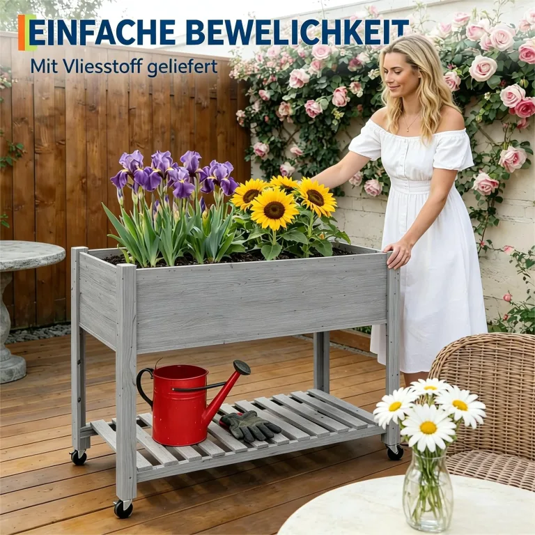 Garvee Hochbeet aus Holz, mit Rollen und Ablageboden, Pflanzkasten, Pflanztrog, Blumenkübel, Kräuterbeet, für Garten, Balkon und Terrasse, 122×61×76 cm, grau – Bild 5
