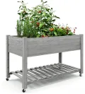 Garvee Hochbeet aus Holz, mit Rollen und Ablageboden, Pflanzkasten, Pflanztrog, Blumenkübel, Kräuterbeet, für Garten, Balkon und Terrasse, 122×61×76 cm, grau - Thumbnail 1