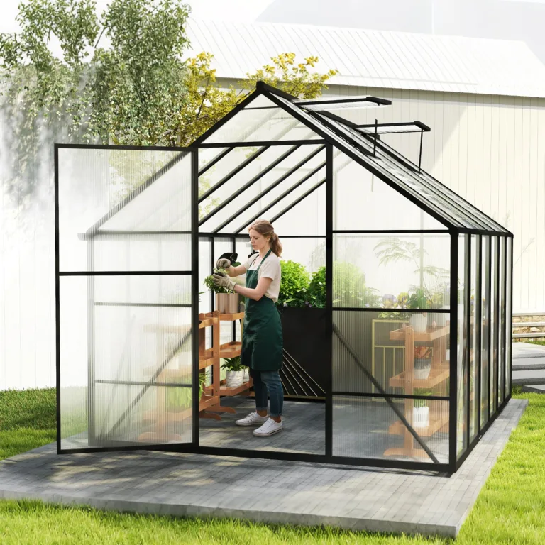 LZQ Gewächshaus Aluminium mit Fundament 310x250x205cm Gartengewächshaus Treibhaus 4mm PC-Hohlkammerplatten Tomatenhaus mit Schiebetür Dachfenster Pflanzenhaus Wetterfest für Aufzucht Gemüse, 8x10 ft – Bild 2
