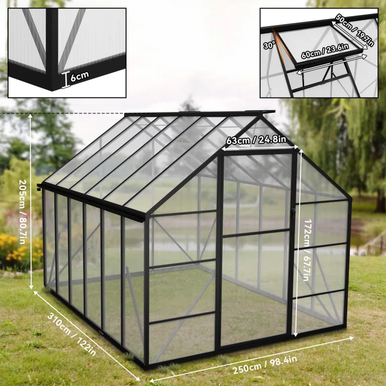 LZQ Gewächshaus Aluminium mit Fundament 310x250x205cm Gartengewächshaus Treibhaus 4mm PC-Hohlkammerplatten Tomatenhaus mit Schiebetür Dachfenster Pflanzenhaus Wetterfest für Aufzucht Gemüse, 8x10 ft – Bild 3