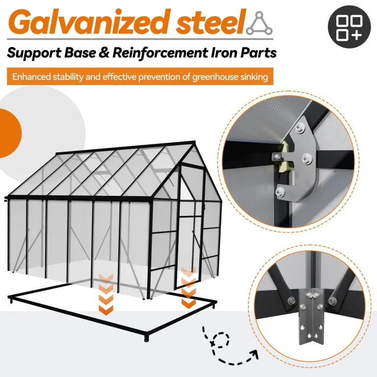 LZQ Gewächshaus Aluminium mit Fundament 310x250x205cm Gartengewächshaus Treibhaus 4mm PC-Hohlkammerplatten Tomatenhaus mit Schiebetür Dachfenster Pflanzenhaus Wetterfest für Aufzucht Gemüse, 8x10 ft – Bild 7