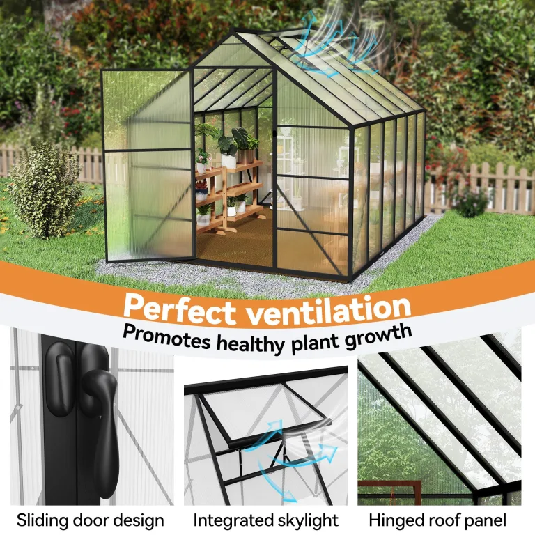 LZQ Gewächshaus Aluminium mit Fundament 310x250x205cm Gartengewächshaus Treibhaus 4mm PC-Hohlkammerplatten Tomatenhaus mit Schiebetür Dachfenster Pflanzenhaus Wetterfest für Aufzucht Gemüse, 8x10 ft – Bild 8