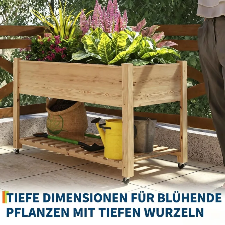 Garvee Hochbeet aus Holz, mit Rollen und Ablageboden, Pflanzkasten, Pflanztrog, Blumenkübel, Kräuterbeet, für Garten, Balkon und Terrasse, 122×61×76 cm, Natur – Bild 3