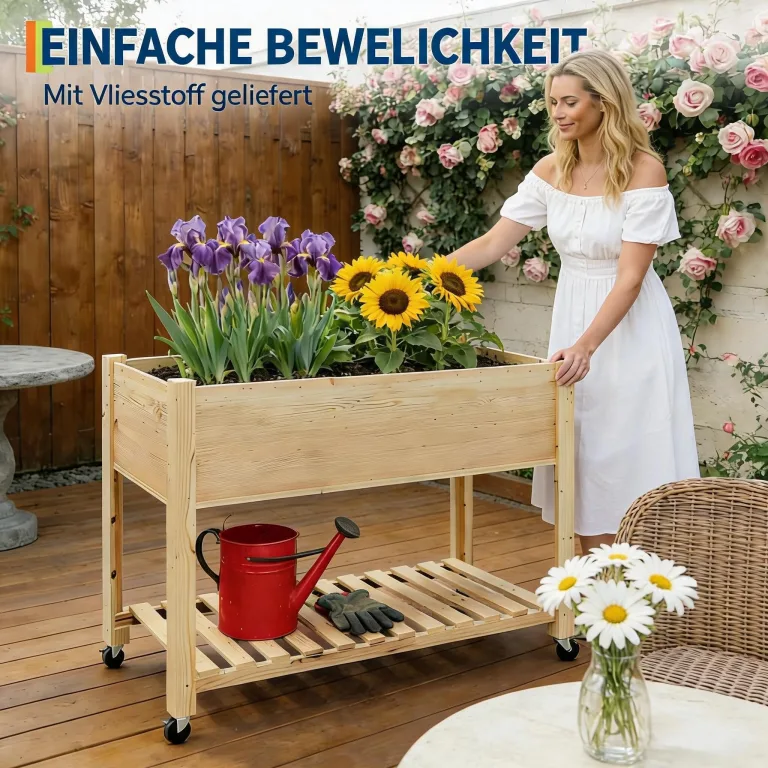 Garvee Hochbeet aus Holz, mit Rollen und Ablageboden, Pflanzkasten, Pflanztrog, Blumenkübel, Kräuterbeet, für Garten, Balkon und Terrasse, 122×61×76 cm, Natur – Bild 6