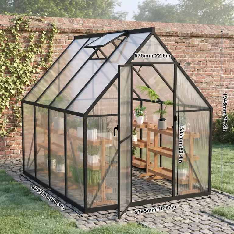 YRHome Aluminium Gewächshaus 179,5x229,5x194,5cm, 5.2mm Polycarbonat Hohlkammerplatten, Schwarz, Gartengewächshaus Wetterfest Winterfest Garten Treibhaus Gartengewächshaus Schwarz – Bild 2