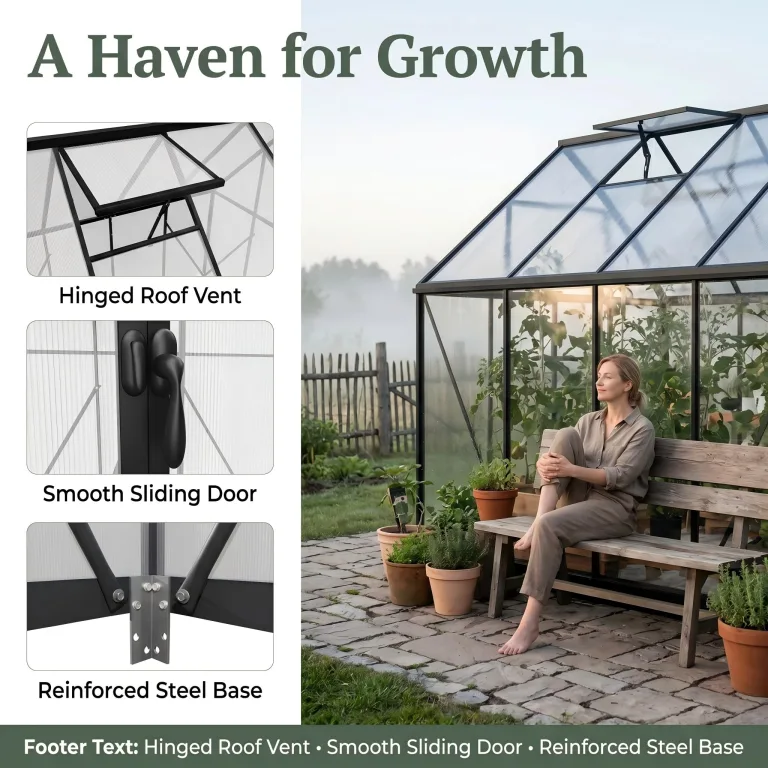 YRHome Aluminium Gewächshaus 179,5x229,5x194,5cm, 5.2mm Polycarbonat Hohlkammerplatten, Schwarz, Gartengewächshaus Wetterfest Winterfest Garten Treibhaus Gartengewächshaus Schwarz – Bild 3