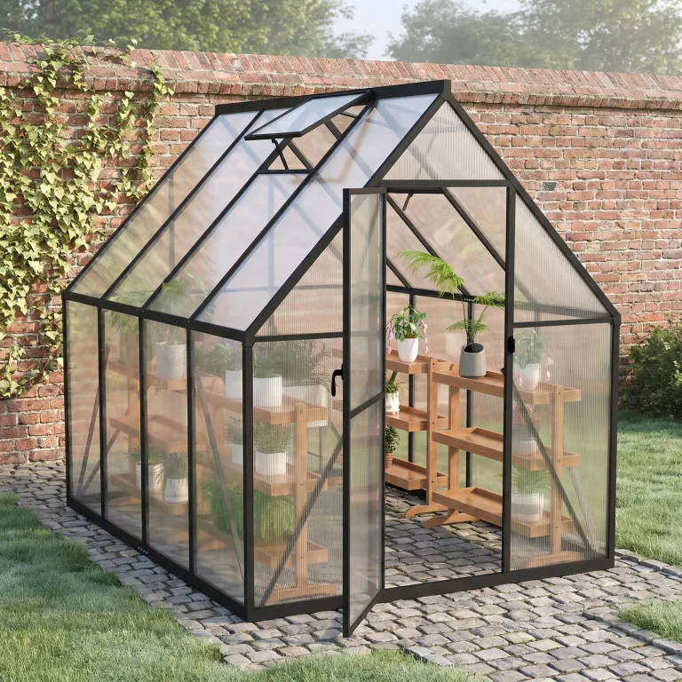 YRHome Aluminium Gewächshaus 179,5x229,5x194,5cm, 5.2mm Polycarbonat Hohlkammerplatten, Schwarz, Gartengewächshaus Wetterfest Winterfest Garten Treibhaus Gartengewächshaus Schwarz – Bild 8