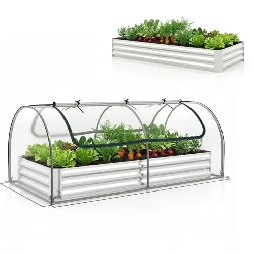 GOPLUS 3 in 1 Hochbeet mit Gewächshaus, Pflanzkasten mit abnehmbarem PVC-Abdeckung & 2 Fenstern, Blumenbeet Metall mit offener Boden, Outdoor Frühbeet für Gemüse, Kräuter & Blumen, 202 x 101 x 81 cm – Bild 10