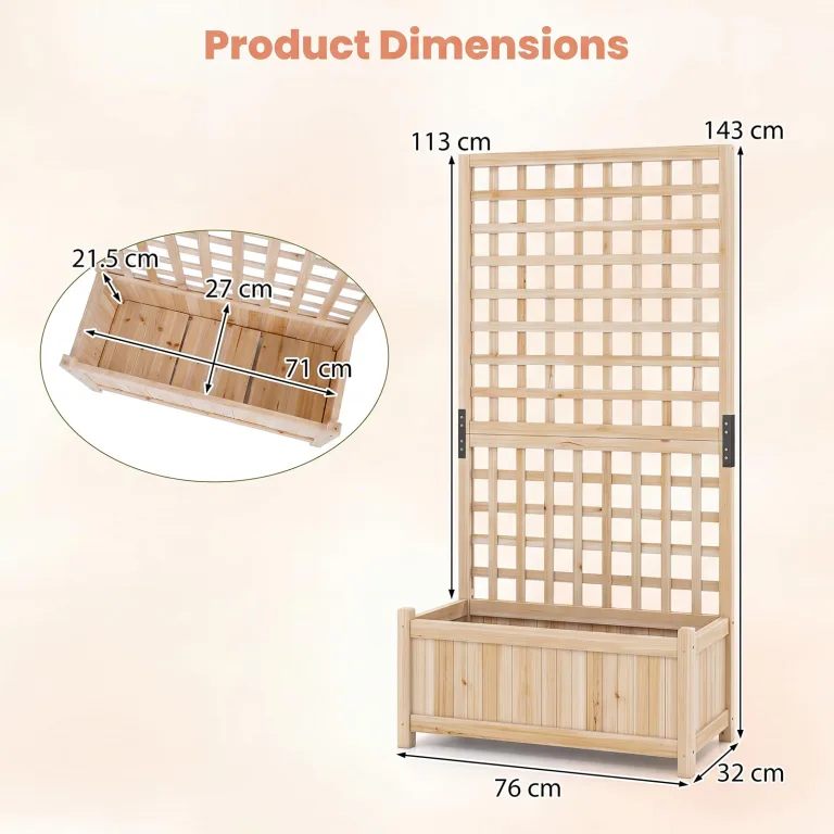 HOMASIS Blumenkasten mit Sichtschutz, Pflanzkübel mit Rankgitter, Pflanzkasten aus Holz, Hochbeet Pflanzgefäß Rankkasten Gartenspalier Rankhilfe für Balkon Garten Terrasse (Natur, 76x32x143cm) – Bild 3