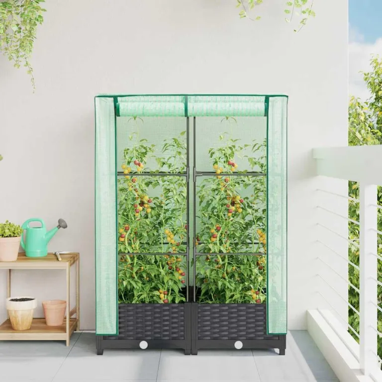 HUAKEHOM Hochbeet mit Gewächshaus-Aufsatz Pflanzbeet mit Eisenrohr-Rahmen Gemüsebeet für Garten Terrasse Balkon Pflanzkasten Frühbeet Rattan-Optik 80x40x123 cm – Bild 3