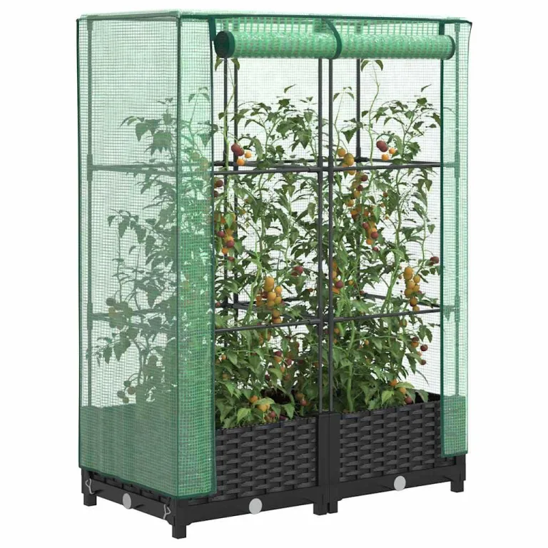HUAKEHOM Hochbeet mit Gewächshaus-Aufsatz Pflanzbeet mit Eisenrohr-Rahmen Gemüsebeet für Garten Terrasse Balkon Pflanzkasten Frühbeet Rattan-Optik 80x40x123 cm – Bild 1