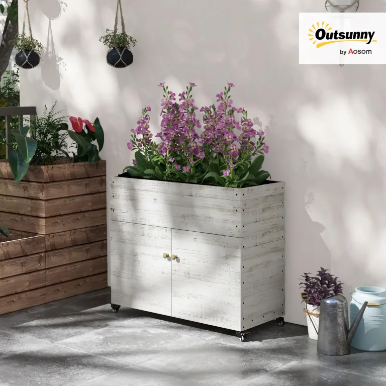 Outsunny Hochbeet aus Holz mit Schrankfach, Kräuterbeet mit Rollen, Pflanzkasten und Blumenkasten mit Vliesstoff für Balkon, Garten, 110 x 50 x 95 cm, Weiß – Bild 2