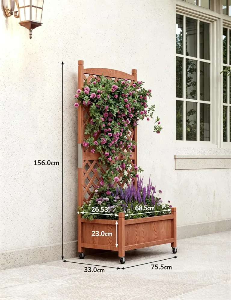 Garvee Holz-Pflanzkasten mit Rankgitter, erhöhtes Hochbeet mit Rollen und Feststellbremsen, Drainagelöchern, Vertikalgitter, für Terrasse, Balkon und Innenbereich, braun, 2er-Pack – Bild 2
