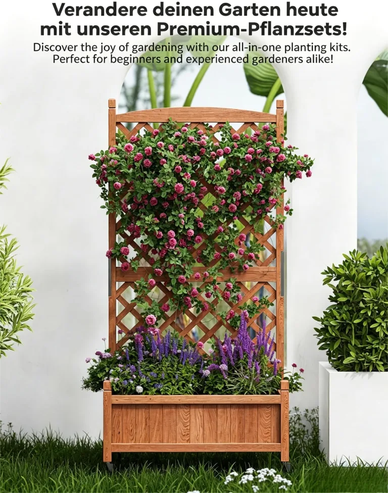 Garvee Holz-Pflanzkasten mit Rankgitter, erhöhtes Hochbeet mit Rollen und Feststellbremsen, Drainagelöchern, Vertikalgitter, für Terrasse, Balkon und Innenbereich, braun, 2er-Pack – Bild 6