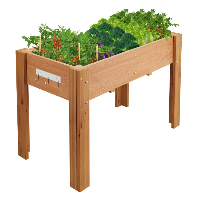 Garvee Hochbeet Holz, Blumenbett, Kräuterbeet, Frühbeet, mit Pflanzfolie, Drainagelöchern & Seitenhaken, erhöhter Pflanzkasten, für Garten, Terrasse, Balkon, Naturfarbe, 117×59×76 cm – Bild 8