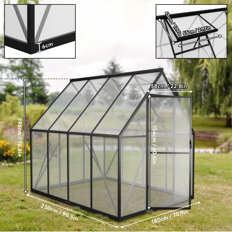 Aluminium Gewächshaus 6x8FT mit Fundamentrahmen & Belüftungsfenster, robustes Tomatenhaus wetterfest & rostfrei ideales Pflanzen- und Gemüsehaus für ganzjährige Anzucht Treibhaus 230x180x195cm – Bild 2