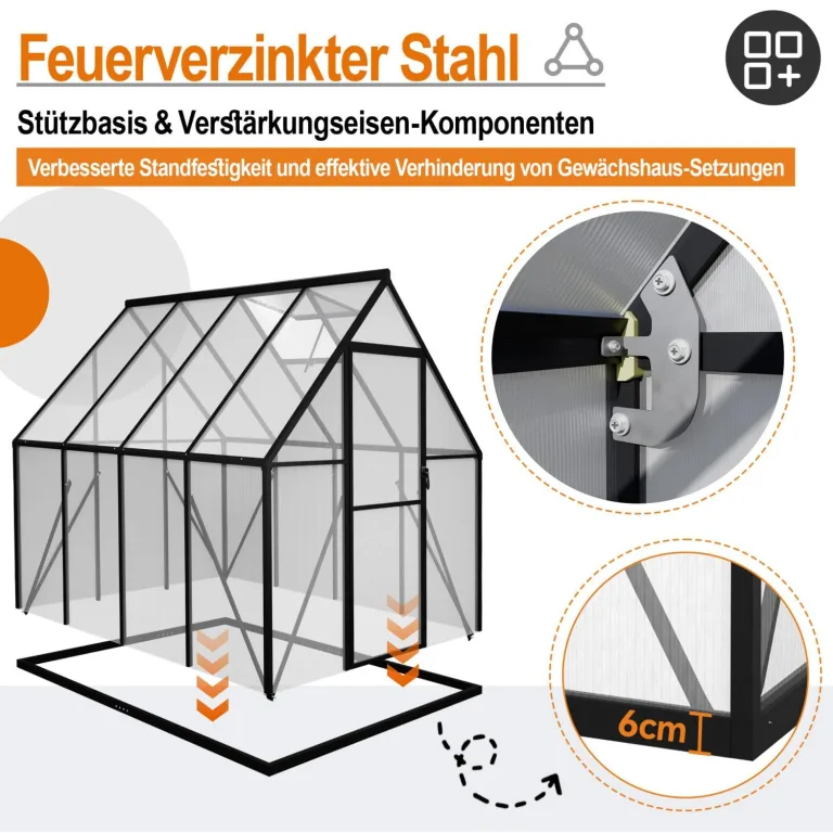 Aluminium Gewächshaus 6x8FT mit Fundamentrahmen & Belüftungsfenster, robustes Tomatenhaus wetterfest & rostfrei ideales Pflanzen- und Gemüsehaus für ganzjährige Anzucht Treibhaus 230x180x195cm – Bild 3