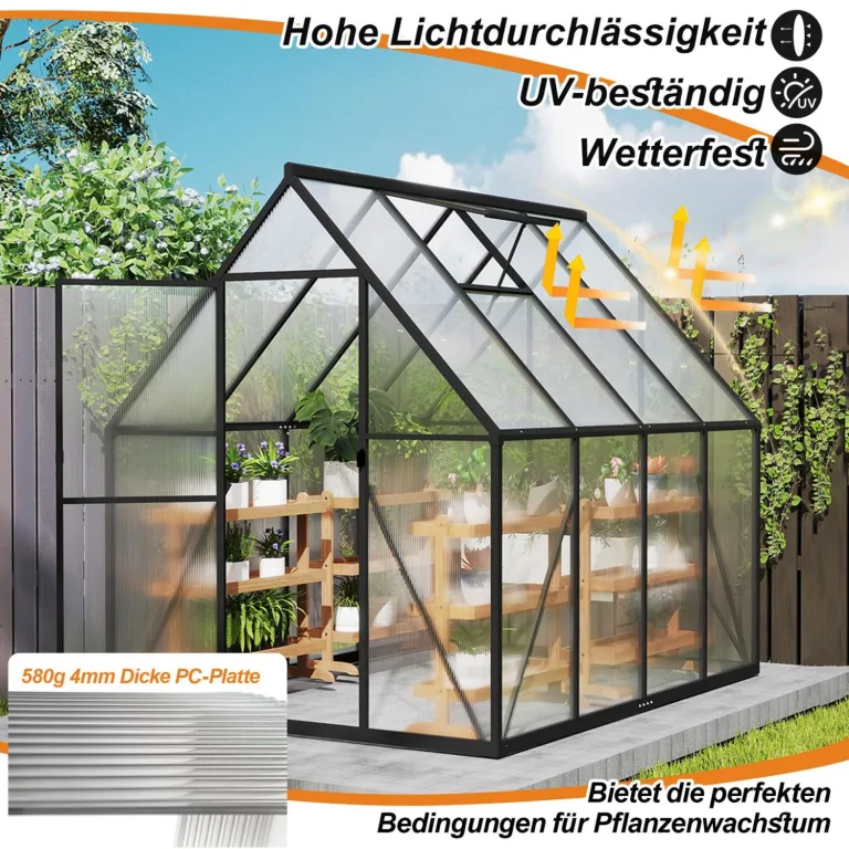 Aluminium Gewächshaus 6x8FT mit Fundamentrahmen & Belüftungsfenster, robustes Tomatenhaus wetterfest & rostfrei ideales Pflanzen- und Gemüsehaus für ganzjährige Anzucht Treibhaus 230x180x195cm – Bild 6