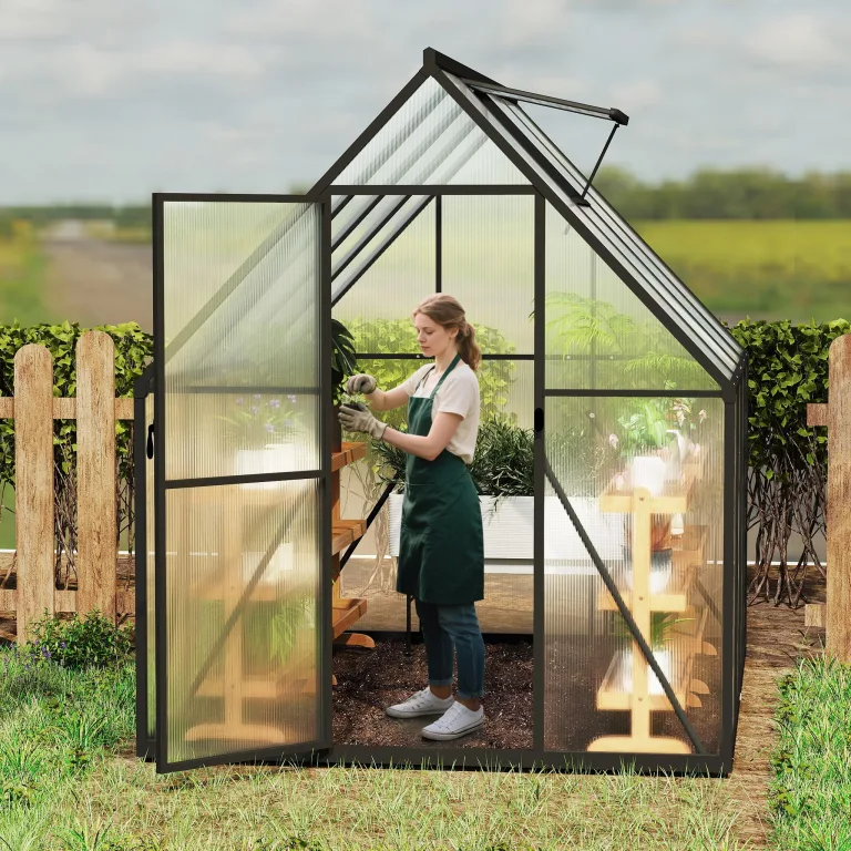 Aluminium Gewächshaus 6x8FT mit Fundamentrahmen & Belüftungsfenster, robustes Tomatenhaus wetterfest & rostfrei ideales Pflanzen- und Gemüsehaus für ganzjährige Anzucht Treibhaus 230x180x195cm – Bild 8