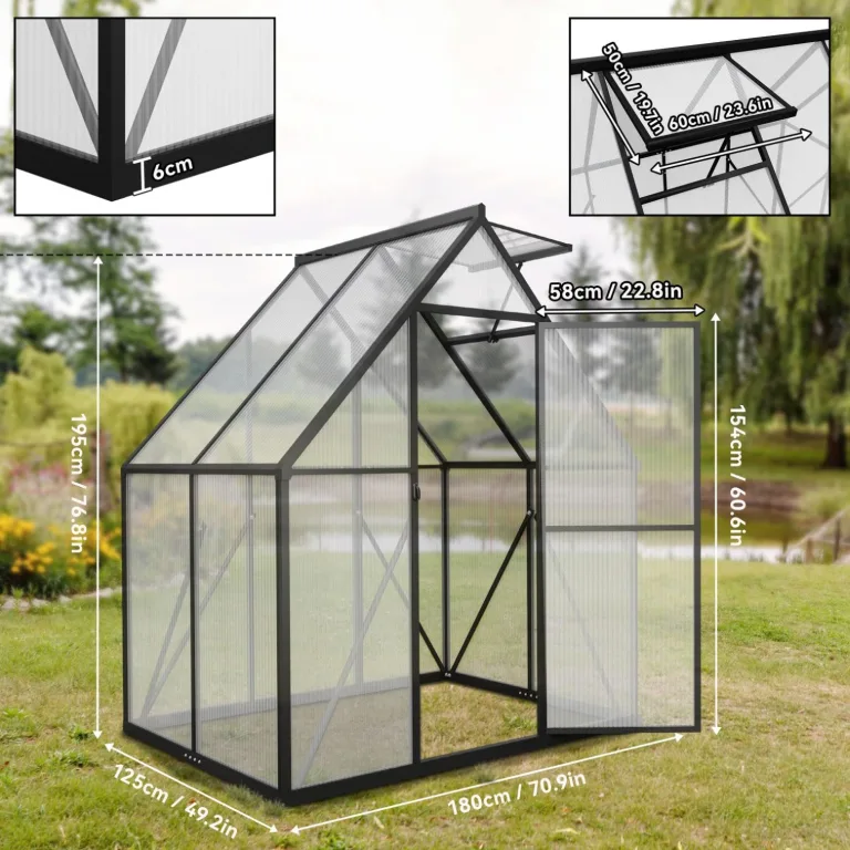 Aluminium Gewächshaus 6x4FT mit Fundament & Dachfenster, stabiles Tomatenhaus wetterfest & rostfrei, temperaturbeständiges Treibhaus für Gemüse & Pflanzen Frühbeet & Pflanzenhaus 125x180x195cm – Bild 2