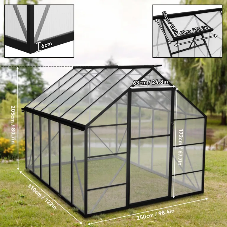 Aluminium Gewächshaus 8x10FT mit Fundamentrahmen & Dachfenster, extra stabiles Tomatenhaus wetterfest & rostfrei, großes Pflanzenhaus für Gemüse- und Pflanzenanzucht, Treibhaus 310x250x205cm – Bild 2