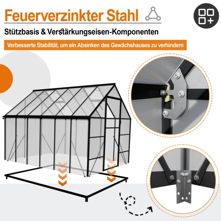 Aluminium Gewächshaus 8x10FT mit Fundamentrahmen & Dachfenster, extra stabiles Tomatenhaus wetterfest & rostfrei, großes Pflanzenhaus für Gemüse- und Pflanzenanzucht, Treibhaus 310x250x205cm – Bild 3