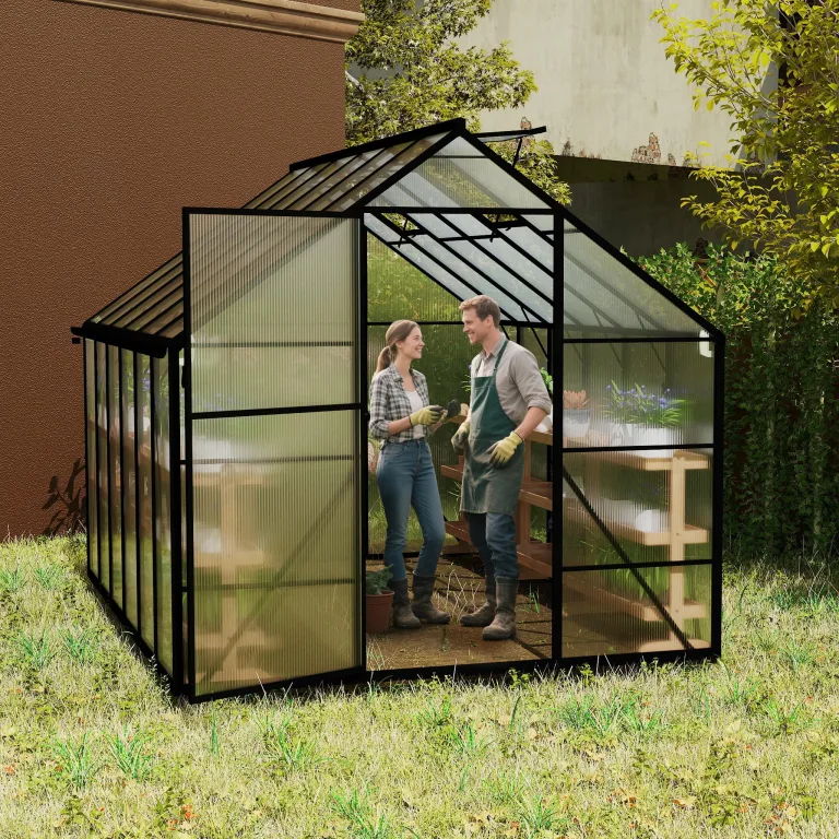 Aluminium Gewächshaus 8x10FT mit Fundamentrahmen & Dachfenster, extra stabiles Tomatenhaus wetterfest & rostfrei, großes Pflanzenhaus für Gemüse- und Pflanzenanzucht, Treibhaus 310x250x205cm – Bild 8