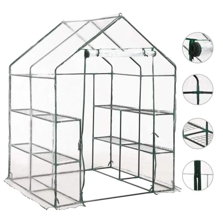 Gewächshaus mit 8 Regalen, 143 x 143 x 195 cm, pulverbeschichteter Stahlrahmen, PVC-Folie, wetterfestes Pflanzenhaus für Garten, Balkon, Terrasse, Schutz für Gemüse, Tomaten, Aussaat – Bild 2