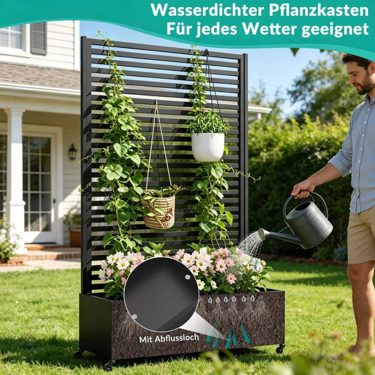 Pflanzkasten aus Metall für den Außenbereich mit Spalier, Hochbeet aus Metall mit Rad, freistehender Sichtschutz-Pflanzkasten für Blumen, Gemüse im Garten, auf der Terrasse, auf dem Balkon – Bild 3
