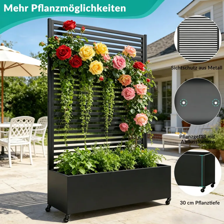 Pflanzkasten aus Metall für den Außenbereich mit Spalier, Hochbeet aus Metall mit Rad, freistehender Sichtschutz-Pflanzkasten für Blumen, Gemüse im Garten, auf der Terrasse, auf dem Balkon – Bild 4