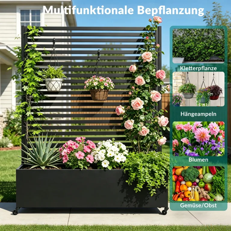 Pflanzkasten aus Metall für den Außenbereich mit Spalier, Hochbeet aus Metall mit Rad, freistehender Sichtschutz-Pflanzkasten für Blumen, Gemüse im Garten, auf der Terrasse, auf dem Balkon – Bild 6
