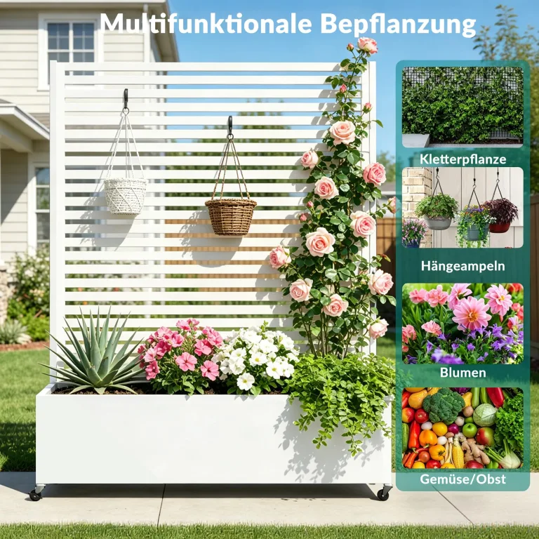 Pflanzkasten aus Metall für den Außenbereich mit Spalier, Hochbeet aus Metall mit Rad, freistehender Sichtschutz-Pflanzkasten für Blumen, Gemüse im Garten, auf der Terrasse, auf dem Balkon – Bild 6