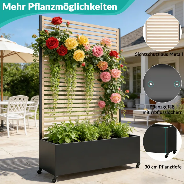 Pflanzkasten aus Metall für den Außenbereich mit Spalier, Hochbeet aus Metall mit Rad, freistehender Sichtschutz-Pflanzkasten für Blumen, Gemüse im Garten, auf der Terrasse, auf dem Balkon – Bild 4
