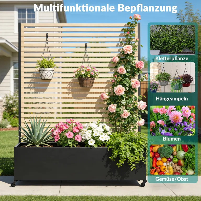 Pflanzkasten aus Metall für den Außenbereich mit Spalier, Hochbeet aus Metall mit Rad, freistehender Sichtschutz-Pflanzkasten für Blumen, Gemüse im Garten, auf der Terrasse, auf dem Balkon – Bild 6