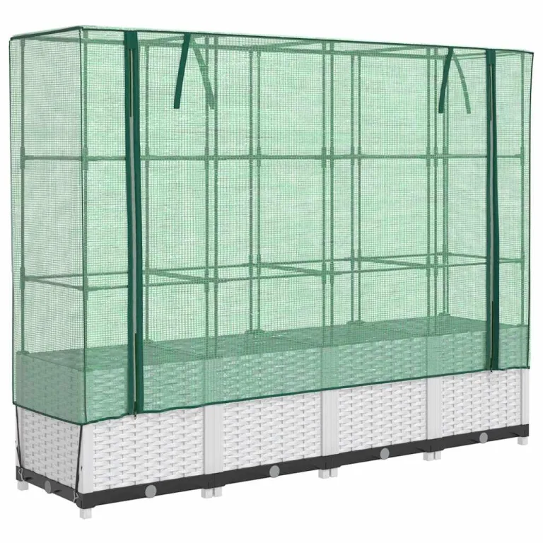Hochbeet mit Gewächshausaufsatz Rattan-Optik 160x40x138 cm Weiß, Pflanzenkasten mit Foliengewächshaus für Garten, Balkon und Terrasse, Stabiles Tomatenhaus mit Eisenrahmen – Bild 1