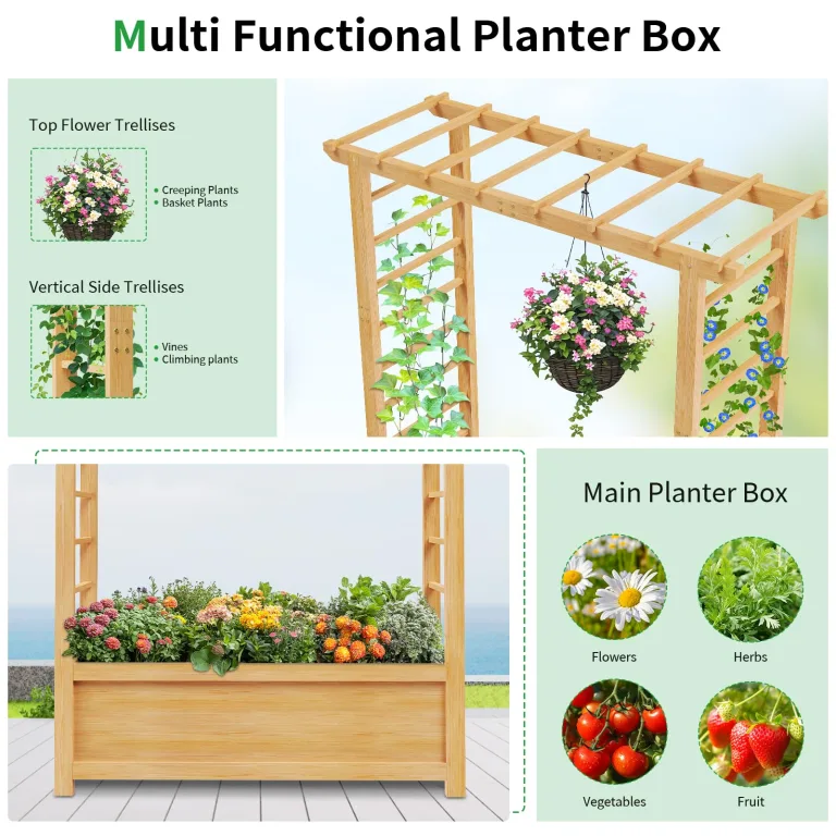 SUNYRISY Holz Hochbeet mit Rankgitter, Blumenkasten mit Rankhilfe, Garten Pflanzkübel mit Spalier, Garten Pflanzkasten Pflanzkübel mit oberem Rankgitter – Bild 4