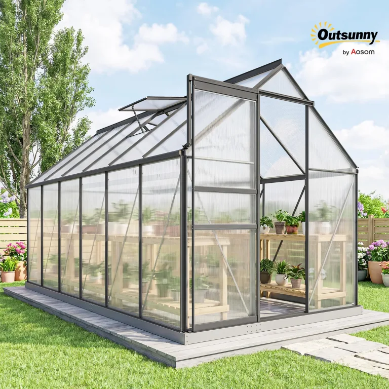 Outsunny Garten-Gewächshaus, 7 m², aus Polycarbonat-Aluminium, mit Fundament, 190 x 375 x 199 cm, Gewächshaus mit verstellbarem Fenster und Schiebetür, wetterfest, Dunkelgrau – Bild 2