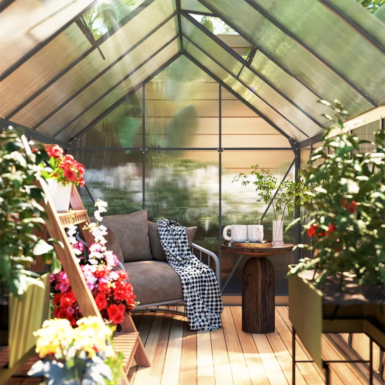 Outsunny Garten-Gewächshaus, 7 m², aus Polycarbonat-Aluminium, mit Fundament, 190 x 375 x 199 cm, Gewächshaus mit verstellbarem Fenster und Schiebetür, wetterfest, Dunkelgrau – Bild 9