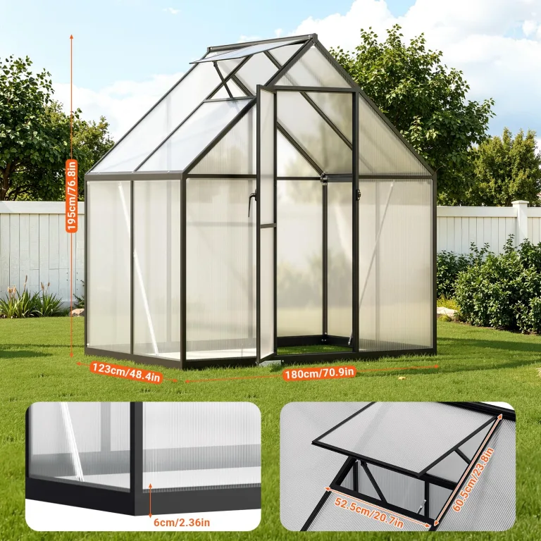 𝐉𝐚𝐱𝐠𝐮𝐨𝐦 Gewächshaus Aluminium 123 x 180 x 195 cm, 4 mm Polycarbonat-Hohlkammerplatten,mit Bodenrahmen & Dachfenster,Wetterbeständiges Tomatenhaus Treibhaus für Garten – Bild 2