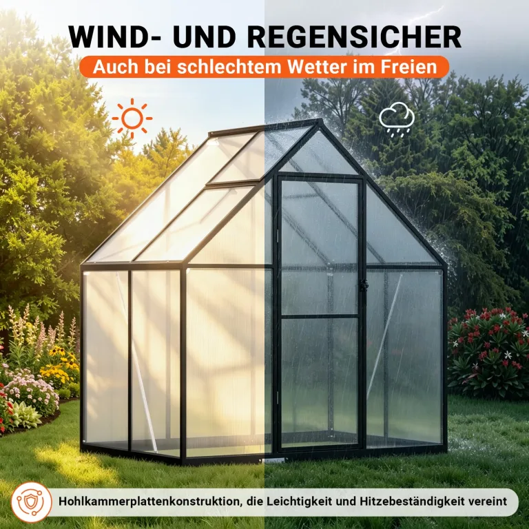 Aluminium Gewächshaus mit Fenster & Metall-Türgriff, 123×180×195cm, Verstärkte Eisen-Ecken, Hagel- & Winterfest PC-Hartplatten Gewächshaus für Garten Balkon Terrasse, Schwarz – Bild 2