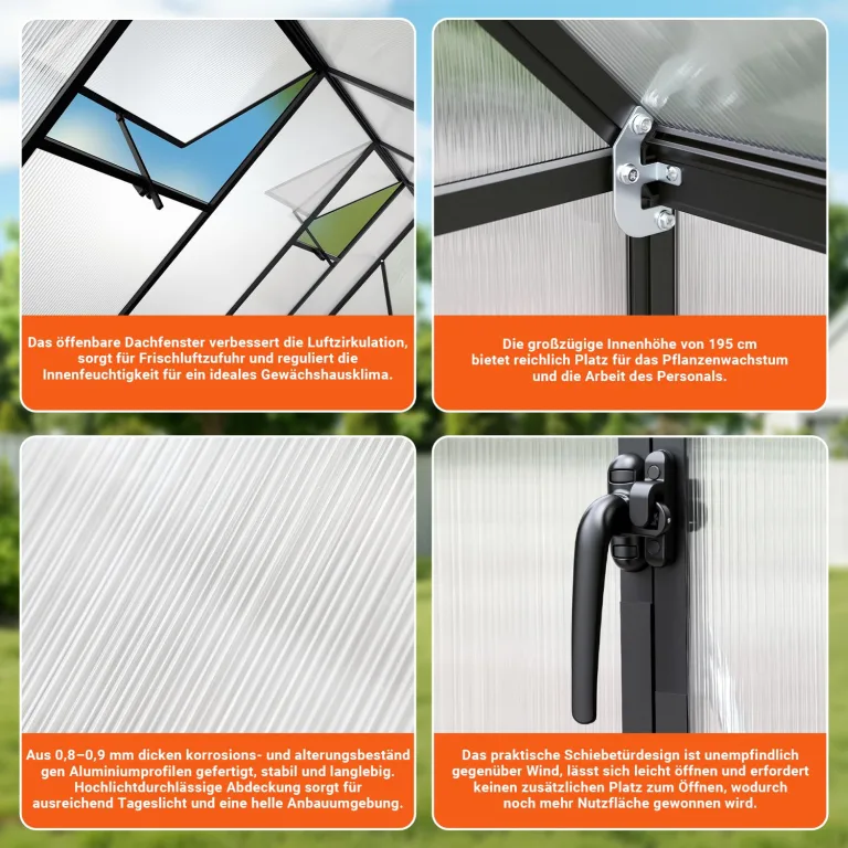 Aluminium Gewächshaus mit Fenster & Metall-Türgriff, 123×180×195cm, Verstärkte Eisen-Ecken, Hagel- & Winterfest PC-Hartplatten Gewächshaus für Garten Balkon Terrasse, Schwarz – Bild 7